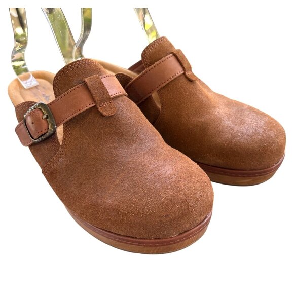 Clarks Collection Paizlee Nora Mules Clogs‎ Size 10 Tan Wood Shoes Boho Suede - Picture 1 of 11